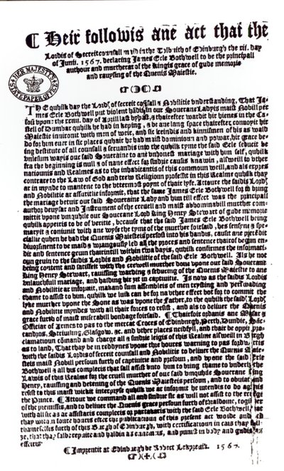 Deklaration av Lords som anger Earl of Bothwell som mördaren av Lord Darnley, 1567 (penna och bläck på papper) av English School