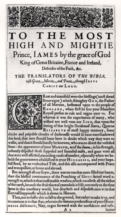 Dedikationssida i The Holy Bible, pub. av Robert Barker, 1611 av English School