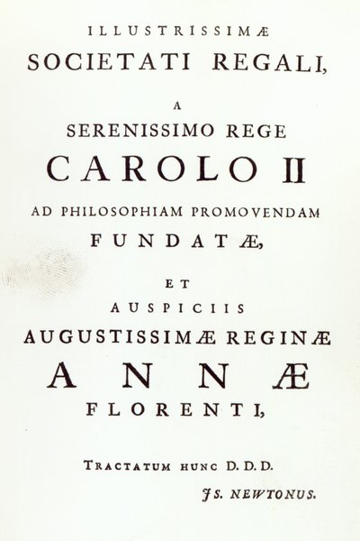 Dedikation till Royal Society of the Second Edition av Newtons Philosophiae Naturalis Principia Mathematica. 1713 av English School