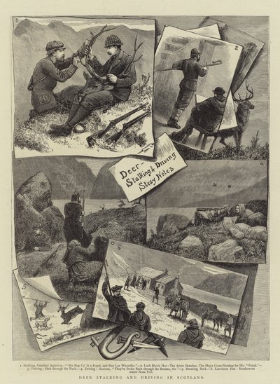 Rådjur förföljer och kör i Skottland (gravyr) av English School