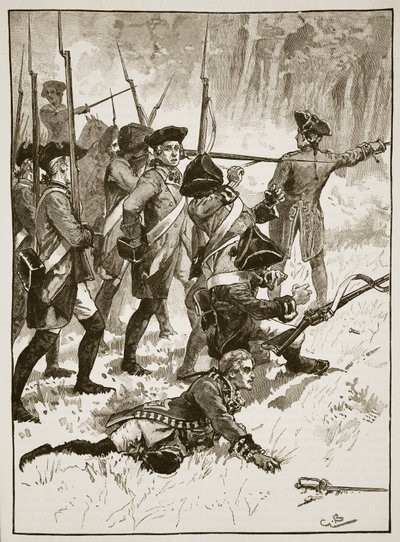 General Braddocks nederlag i det indiska bakhållet, 1755, illustration från Cassells Illustrated History of England (sepiafoto) av English School