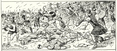 Västsaxarnas nederlag vid Mount Budon, Somerset, 500 AD (litografi) av English School