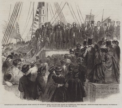 Avgång för 800 icke-konformister från London, på torsdagsveckan, för New Colony of Albertland, Nya Zeeland, scen ombord på Matilda Wattenbach på hennes passage nerför floden (gravyr) av English School