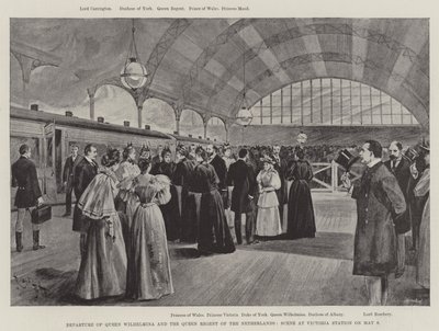 Drottning Wilhelmina och drottningregenten av Nederländerna avgår, scen på Victoria Station den 9 maj (litho) av English School