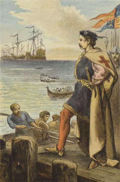 Richard I:s avresa till Palestina (färgad gravyr) av English School