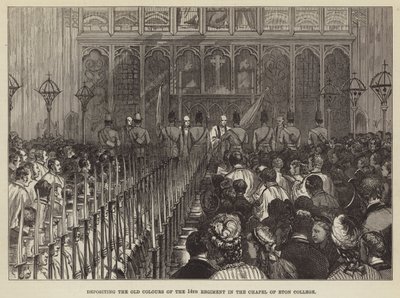 Deponerar de gamla färgerna från 14:e regementet i kapellet vid Eton College (gravyr) av English School