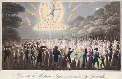 Descent of Madame Saqui, omgiven av fyrverkerier, publicerad av Thomas Kelly (fl.1820-55) London av English School