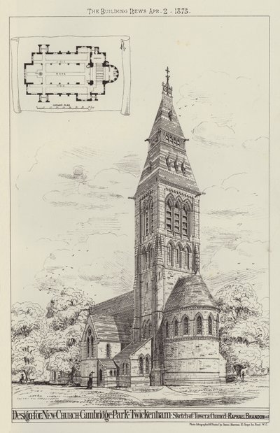 Design för New Church, Cambridge Park, Twickenham, Sketch of Tower och Chancel (gravyr) av English School