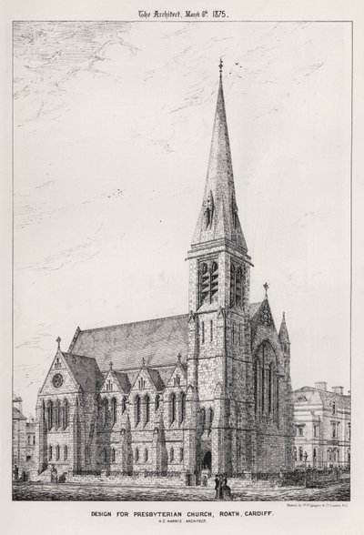 Design för Presbyterian Church, Roath, Cardiff (gravyr) av English School