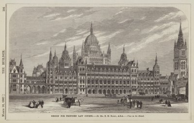 Design för proposed Law Courts, av Mr E M Barry, ARA, View in the Strand (gravyr) av English School