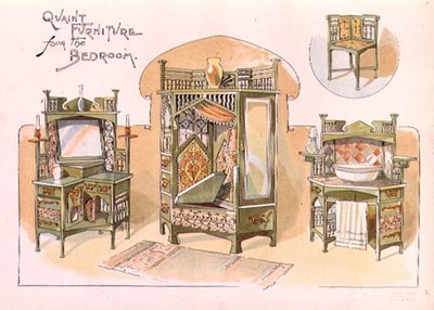 Design för "Quaint Furniture for the Bedroom", illustration från "The Cabinet Maker", pub. augusti 1897 (tryck) av English School
