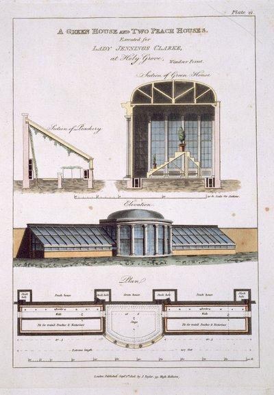 Design för ett grönt hus och två persikahus, 1806 av English School