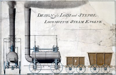 Design av en Losh and Stephenson Locomotive Steam Engine, c.1826 (penna & bläck och tvätt på papper) av English School