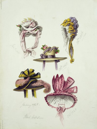 Motiv för Regency Hats, 1828 (wc med penna på papper) av English School