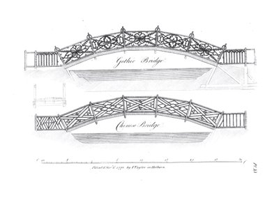 Design för trädgårdsbroar, publicerad 1773 av English School