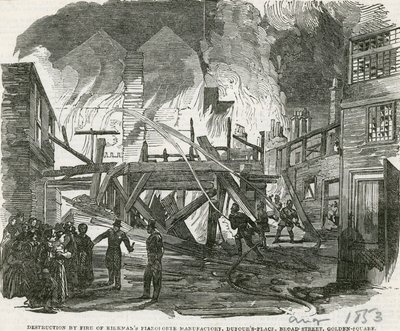 Förstörelse genom eld av Kirkmans Pianoforte manufactory, Dufours Place, Broad Street, Golden Square av English School