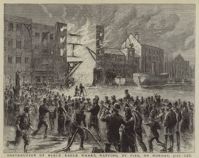 Förödelse av Black Eagle Wharf, Wapping, genom brand, måndagen den 31 oktober (gravyr) av English School