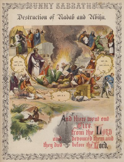 Förstörelse av Nadab och Abihu (färgad gravyr) av English School