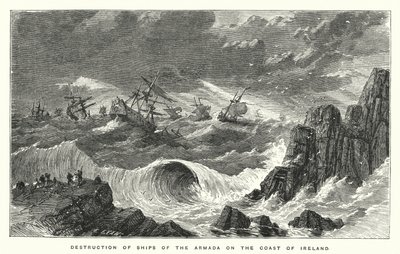Förstörelse av fartyg från Armada på Irlands kust (gravyr) av English School