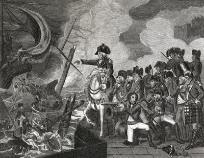 Destruction of the Gun Boats Before Gibraltar, graverad av H.Cook, 1816 av English School