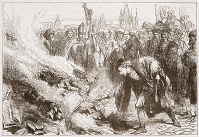 Förstörelse av Wickliffes verk i Prag, illustration från The History of Protestantism av James Aitken Wylie (1808-1890), pub. 1878 av English School