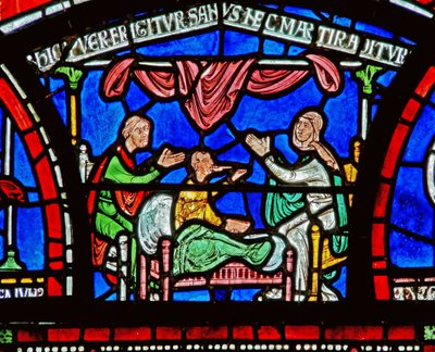 Detalj från Miracle Window som visar Jordan Fitzeisulfs berättelse av English School