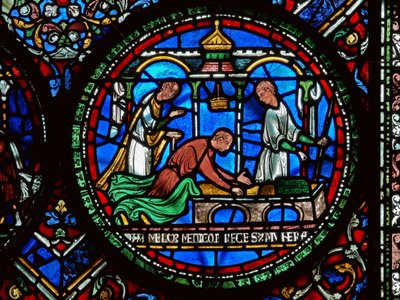 Detalj från Miracle Window föreställande William Kellett och Adam Forrester av English School
