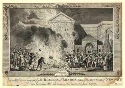 Förödelse orsakad av upplopparna i London som avfyrade New Gaol of Newgate och brände Mr Akermans Furniture, 6 juni 1780 av English School