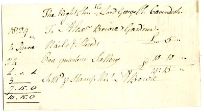 Devonshire MSS AS 3101, folio från en bunt sedlar som betalats av Pinder Simpson för Lord George Cavendish, inklusive Alexander Bowies sedel av English School