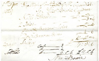 Devonshire MSS AS 3101, folio från en bunt sedlar som betalats av Pinder Simpson för Lord George Cavendish, inklusive Alexander Bowies sedel av English School