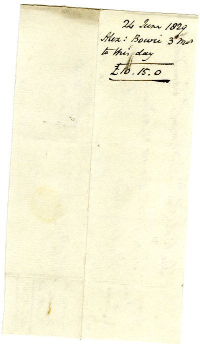 Devonshire MSS AS 3101, folio från en bunt sedlar som betalats av Pinder Simpson för Lord George Cavendish, inklusive Alexander Bowies sedel av English School