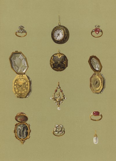 Diamantring, Guldklocka, Bloodstone Cameo, Guldklocka, Jeweled Solitaire, Opal Mourning Ring of Mary Queen of Scots, Gold Ring of the Princess Elizabeth, Gold Watch of Octagonal Form, Gold Ring, Pearl Earring av English School