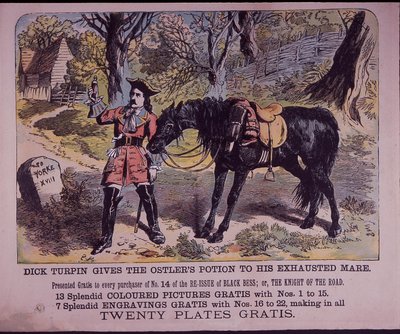Dick Turpin med sin häst Black Bess på väg till York (färg litho) av English School