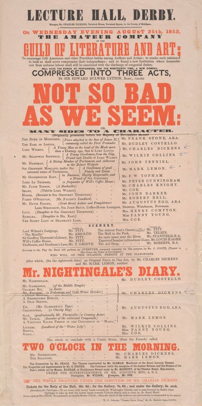 Dickens playbill: Not So Bad As We Seem at Lecture Hall, Derby, program för 25 augusti 1852 av English School