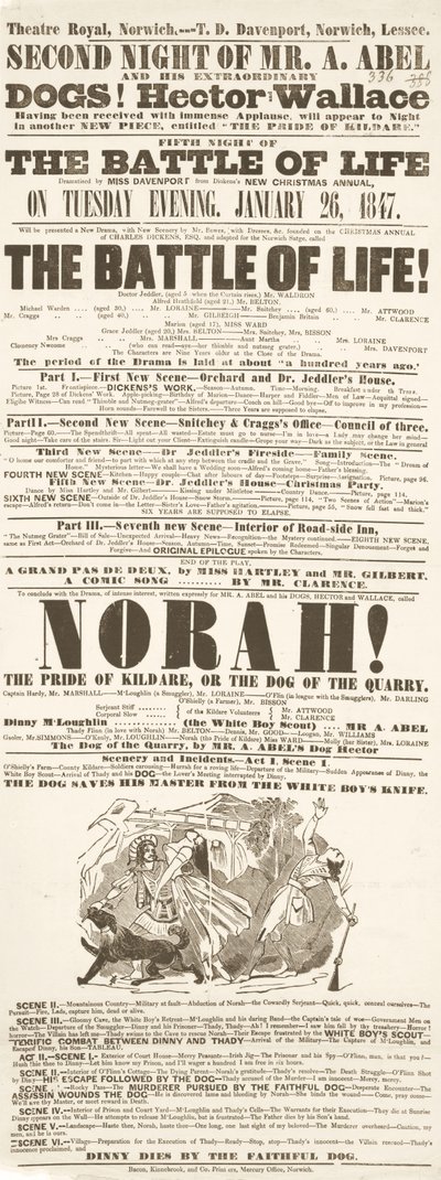 Dickens playbill: The Battle of Life, på Theatre Royal, Norwich, 26h januari 1847 av English School