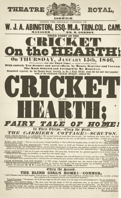 Dickens playbill: The Cricket on the Hearth på Theatre Royal, Derby, 15 januari 1846 av English School