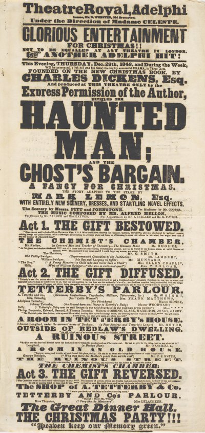 Dickens playbill: The Haunted Man, på Adelphi Theatre Royal, 28 december 1848 av English School