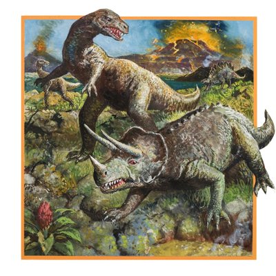 Dinosaurier med vulkan (gouache på papper) av English School