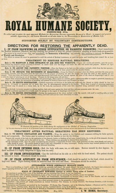 Anvisningar för att återställa de till synes döda; utgiven av Royal Humane Society, maj 1872 av English School
