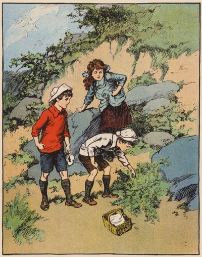 "Upptäckte att bädden av ormbunkar var kall och tom" (färglitografi) av English School