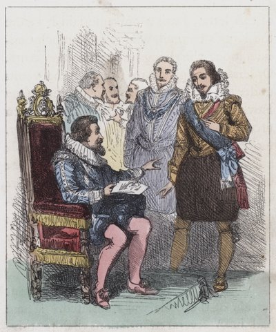 Discovery of the Gunpowder Plot (färgad gravyr) av English School