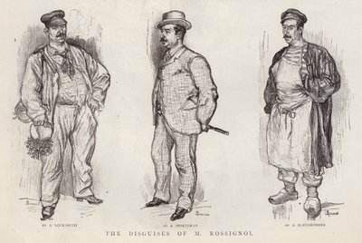 Förklädnader som används av den parisiske polisdetektiven Gustave Rossignol (litho) av English School