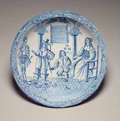 Fat med drottning Catherine sittande med en sko monterad av en knästående kavaljer, 1677 (tennglaserat lergods) av English School