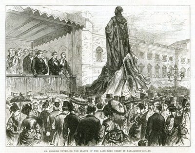 Disraeli avtäcker statyn av den sene Lord Derby på Parliament Square, Westminster av English School