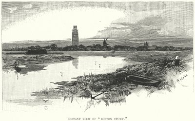 Fjärran vy av "Boston Stump" (gravyr) av English School