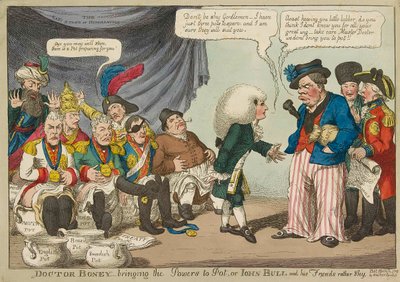 Doctor Boney_bringing the Powers to Pot ..., 1808 handfärgad gravyr. av English School
