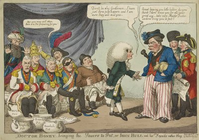 Doctor Boney_bringing the Powers to Pot, eller John Bull och hans vänner ganska blyga, pub. 1808 (handfärgad gravyr) av English School