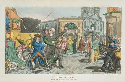 Doctor Syntax rånad i St. Giless, från The Tour of Doctor Syntax genom London, eller The Pleasures and Miseries of the Metropolis. En dikt, publicerad 1820 (akvatint) av English School