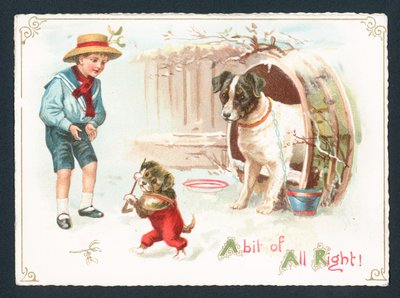Hund, valp och pojke som leker i snön, julkort av English School