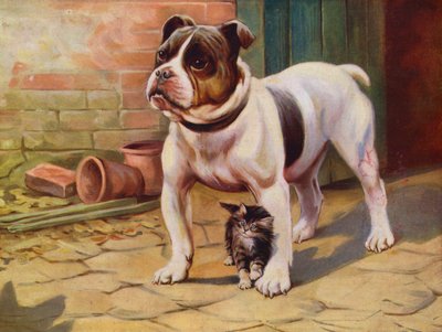 Hund och kattunge (färg litho) av English School